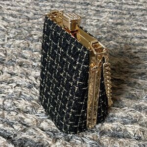 NWOT! Chic Black and Gold Tweed Clutch Gold Hardware with Crystals